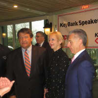 <p>Westchester County Executive George Latimer mingles with guests last month before a breakfast speech to the Business Council of Westchester. Marsha Gordon, president and chief executive officer of the BCW introduced the Rye Democrat.</p>