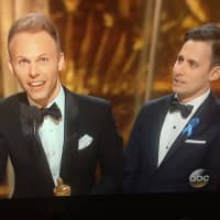 <p>Justin Paul, left, accepting Oscar award for &quot;La La Land.&quot;</p>