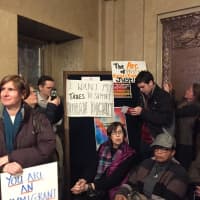 <p>Some of the hundreds of Westchester County residents who could not fit inside the White Plains City Council chambers where County Executive Rob Astorino held his second &quot;Ask Astorino&quot; town hall meeting on Monday night. It lasted two hours.</p>