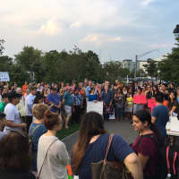 <p>Participants form a circle around the speakers at the rally in Mill River Park in Stamford.</p>