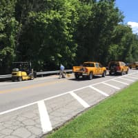 <p>The scene of an accident Monday that closed Airport Road near the Westchester County Airport following a police chase from Greenwich, Conn.</p>