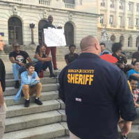 <p>Bergen County Sheriff&#x27;s Chief Kevin Pell and Undersheriff Joseph Hornyak meet with the group before the march.</p>