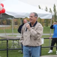 <p>Bergen County Executive James Tedesco speaks to the crowd before the TRACERS race. </p>