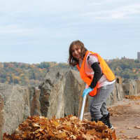 <p>Lillian Simhon, 10, clears leaves near Ross Dock in Fort Lee during the Jewish Youth Encounter volunteer cleanup event. </p>