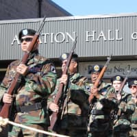 <p>Military members honored those in service with a 21-gun salute in Teterboro.</p>