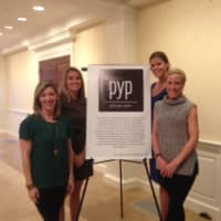 <p>The four founders of Pitch Your Peers, from left, Rachel LeMasters, Dara Johnson, Brooke Bohnsack and Nina Lindia, welcome members to Pitch Night at First Presbyterian Church in Greenwich.</p>