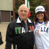 <p>Gaetano Russotti joins Rose Musolini at Danbury City Hall for the flag raising in honor of Columbus Day.</p>