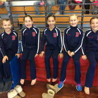 <p>Darien YMCA Level 4 gymnasts Ava Licata, Anna Altier, Tanner Generoso, Lindy Mueller and Sophie Root were all smiles before the competition at the New England Invitational.</p>