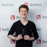 <p>John Jay High School student Odin Scherer poses with an award that he won at Berklee College of Music&#x27;s jazz festival in Boston.</p>
