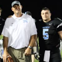 <p>Mahwah High School Varsity Football Coach Jeff Remo with Quarterback James Ciliento, left, and Runningback Mike Peltekian.</p>