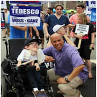 <p>Rutherford resident Steven Way and U.S. Sen. Corey Booker at a previous Labor Day Walk for Citizens with Disabilities.</p>