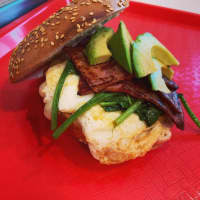 <p>A breakfast sandwich from Lenny&#x27;s Bagels consisting of egg whites, turkey bacon, pepper jack cheese, spinach and avocado.</p>