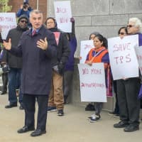 <p>State Sen. Carlo Leone (D-Stamford) attends a Wednesday rally for immigrant rights outside the courthouse in Stamford.</p>