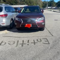 <p>The caption reads: "Union Point Sports in Weymouth, MA - created their own parking spot &amp; dropped an apple out of their car, which I then used as a marker to fix their spot for them."</p>