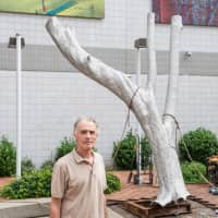 <p>Artist Robert Lobe with his latest art installation &quot;X-Ray&quot; outside the New Rochelle Public Library.</p>