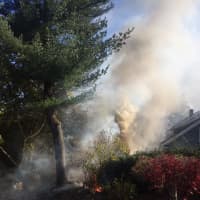 <p>Flames from a brush fire on Wilson Avenue in Trumbull on Monday morning threatened nearby structures. The fire was apparently started by fireplace ashes that had been discarded by the homeowner.</p>