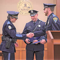 <p>Officers Michael Karcher and Kyle Monton received the MADD awards from Police Chief Jacqueline Luthcke.</p>