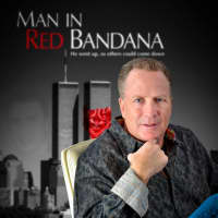 <p>Filmmaker Matthew Weiss in front of a poster for his new documentary, &quot;Man in Red Bandana.&quot;</p>