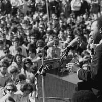 <p>Martin Luther King Jr. speaks at an anti-Vietnam demonstration in 1967.</p>