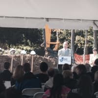 <p>Tarrytown Mayor Drew Fixell speaks at the groundbreaking ceremony for the new JCC on the Hudson community center. </p>
