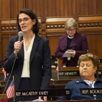 <p>State Rep. Cristin McCarthy Vahey introduces An Act Concerning Student Data Privacy on the House floor Tuesday evening.</p>