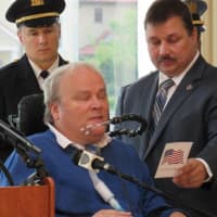 <p>NYPD Det. Steven McDonald, who was paralyzed in 1986 after he was shot by a teen gunman, gives the keynote address at ceremonies in New Rochelle recently.</p>
