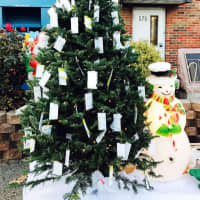 <p>The &quot;giving tree,&quot; standing outside the NAVES building, is adorned with tags that list the types of toys sought for the drive.</p>