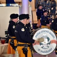 <p>Bagpipes from the Police Emerald Society of Westchester perform at National Police Week ceremonies in New Rochelle recently.</p>