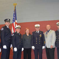 <p>New Milford fire officers with Mayor Ann Subrizi and Fire Department liaison Councilman Dominic Colucci.</p>