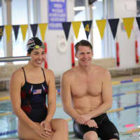 <p>Olympic gold medal swimmers Maya DiRado and Josh Davis are shown Feb. 12 at the Darien YMCA.</p>
