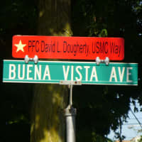 <p>A street sign in Hawthorne commemorates Pfc. David L. Dougherty, who was killed in action during Wolrd War II.</p>
