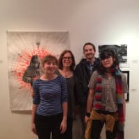 <p>Pictured are HHS students Gina Lindner and Maddie Osborne with teachers Naomi Gilbert and Cory Merchant center at the OSilas Gallery.</p>