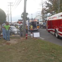 <p>A driver was freed from a car after crashing into a pole in front of Whole Foods in Westport on Monday</p>