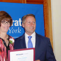 <p>Westchester County Executive Rob Astorino with Maura Seebeck, an early childhood program teacher at the Harold and Elaine Shames JCC on the Hudson in Tarrytown.</p>