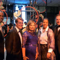 <p>HackensackUHN President and CEO Robert C. Garret (second from left) and his wife, Laura, greeted guests and posed for pictures as they entered the Whitney. Pictured with (from left) Eric Eve, Leecia Eve and HUMC Foundation Board Chairman Ulises Diaz.</p>