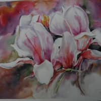 <p>The artist uses watercolor and other material in her own pieces. </p>