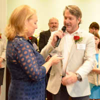 <p>Building Committee Vice Chair Jean Ann Bollman and Contractor Gus Pappajohn at the presentation.</p>