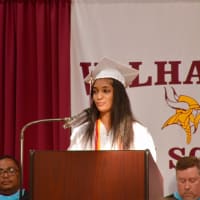 <p>Salutatorian Jemy Paulson addresses fellow graduates and the audience at commencement exercises at Valhalla High School Saturday.</p>