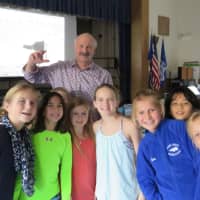 <p>Peter Lourie with fourth graders at Royle Elementary School.</p>