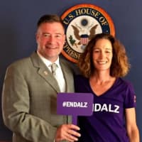<p>Rep. Chris Gibson and Alzheimer’s Ambassador Melanie Whaley wear purple</p>