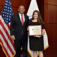 <p>U.S. Secretary of Transportation Anthony Foxx and Kaitlin Latham, health education associate at the Norwalk Health Department, who accepted the Mayor’s Challenge Award for the City of Norwalk.</p>
