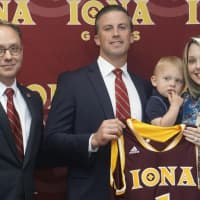 <p>Iona College President Joseph Nyre, new Athletic Director Matt Glovaski and his wife Christy and son Thomas.</p>