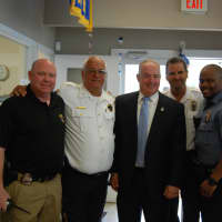 <p>Sgt. Jeff Panagia, Bergen County Sheriff Michael Saudino, Mayor Robert White, Chief Robert Kugler and Patrolman Robert Littlejohn</p>