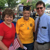 <p>Ridgefield Memorial Day Parade Grand Marshal Gene &quot;Mr. C&quot; Costintino with Lauren Egizi Larkin and Mayor Anthony Suarez at Veterans Memorial Park.</p>