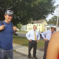 <p>U.S. Sen. Chris Murphy arrives late Thursday afternoon at the Sterling House Community Center in Stratford as he walks across Connecticut.</p>