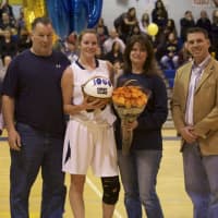 <p>Saddle Brook&#x27;s Brianna Brooks celebrates her 1,000th career point with the basketball team.</p>
