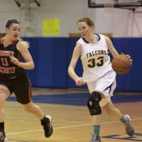 <p>Saddle Brook&#x27;s Brianna Brooks drives around a Hasbrouck Heights defender for the basketball team.</p>
