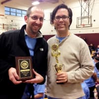 <p>Westlake Science Olympiad team advisers Ray Szczerba and Tom Hall with the team trophies.</p>