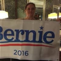 <p>Deb Goldstein with her Bernie sign</p>