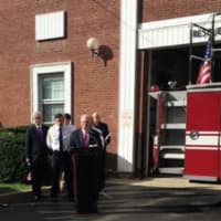 <p>Fairfield First Selectman Mike Tetreau speaks at the 9/11 ceremony in town on Friday at the Fire Department.</p>